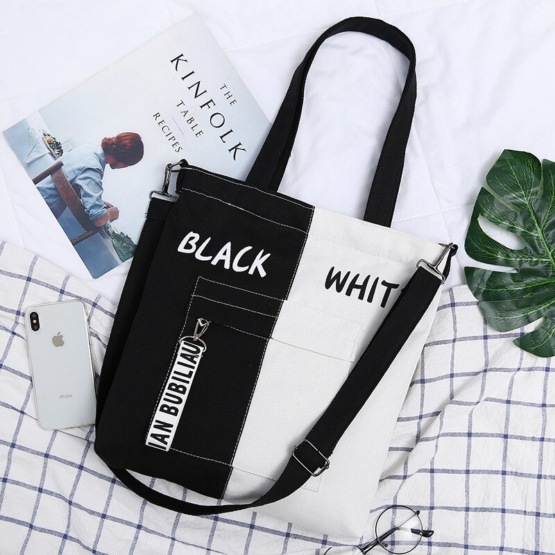 Sac en toile de grande capacité pour femmes, sac à bandoulière décontracté et assorti, sacoche à fermeture éclair pour étudiants, sac d&#39;école,: Black-White