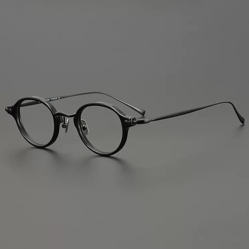 Montura de gafas de titanio de acetato Vintage para hombre, montura de gafas pequeña redonda ultraligera, gafas de de lujo de para mujer: Negro