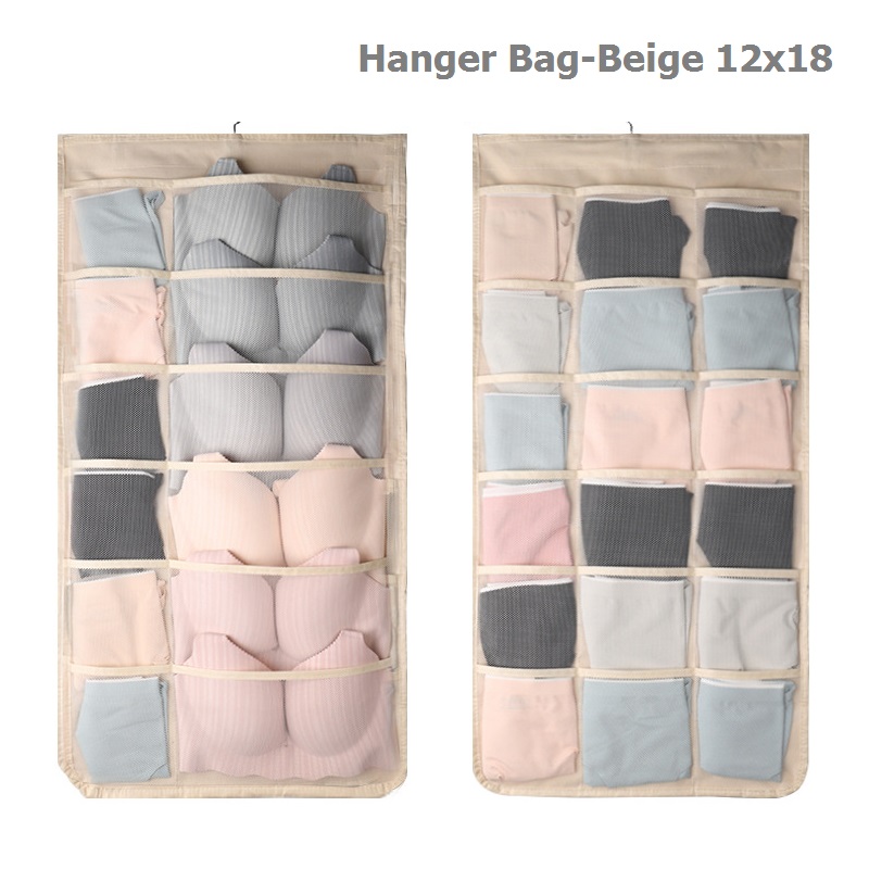 Clothes Storage Hanging Pocket Bag Non-woven Fabric Breathable Double-Side Organizer With Hanger for Bra Underwear Sock Storage: Beige 12x18