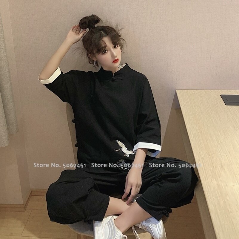 Traje Tang de estilo chino para hombre y mujer, ropa Oriental con bordado de grulla, Tops Cheongsam de Retro informal, conjunto de blusa y pantalones Kungfu