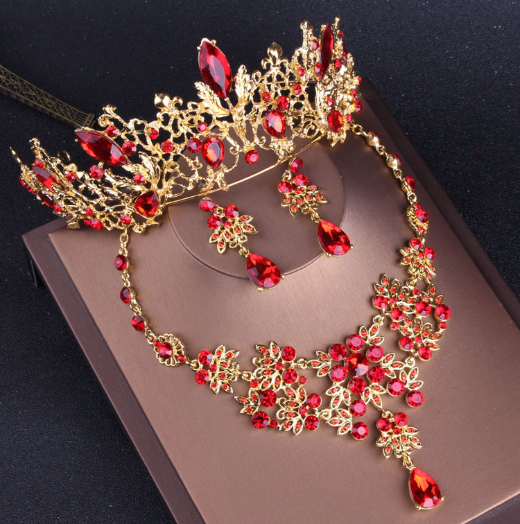 Baroque Vintage Gold Red Bridal Jewelry Sets with Tiaras Choker Crystal Rhinestone Necklace Earrings Set Wedding Crown