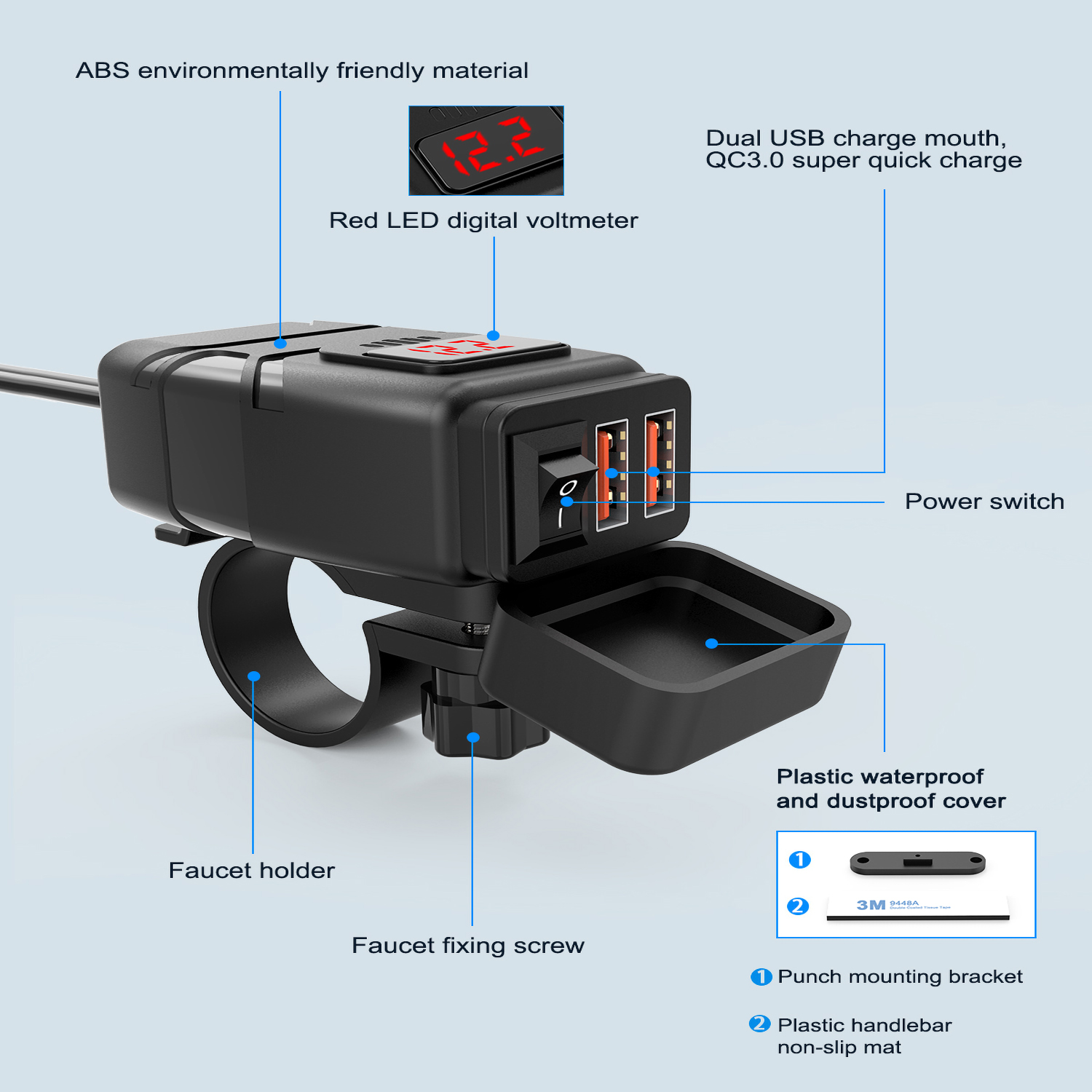 Extractme QC3.0 Motorcycle USB Charger 12V Waterproof Socket Handlebar Cell Quick Charger Adapter with Voltmeter Motor Accessory