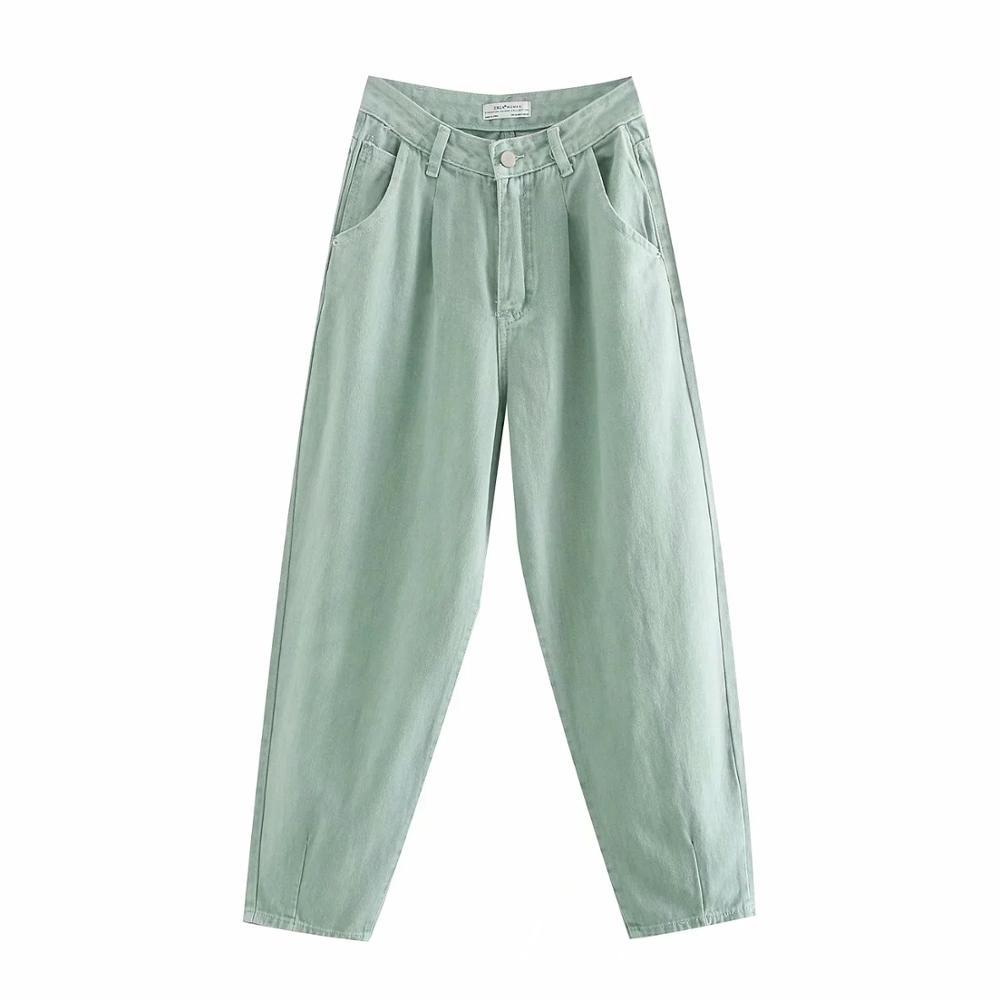 Jenny &amp; Dave Boyfriend Jeans Vintage Lichtgroen Effen Losse Mom Jeans Vrouw Hoge Taille Jeans Geplooide Raap Denim Broek voor Vrouwen