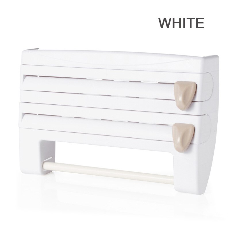 Multifunción de Rack cocina Film transparente de almacenamiento Rack cortador de envoltorio refrigerador colgante de Pared Soporte para papel de cocina casa: WHITE