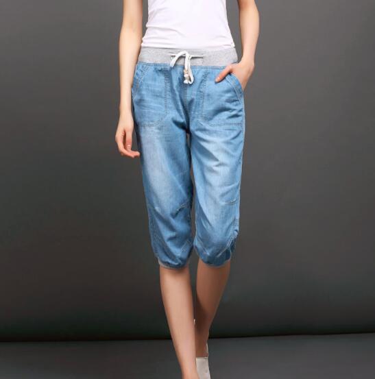 Plus size jeans kvinna mellan midja kvinnor haremsbyxor sommar femme lätt tvättad lös bomull vadlånga byxor 3xl 4xl: Mode ljusblå / S