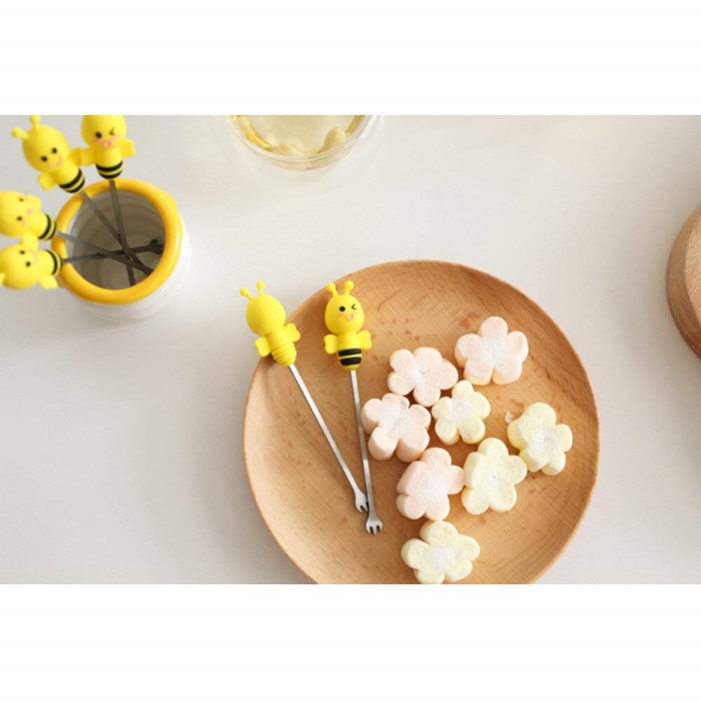 6 stk til hjemmet søte tegneserie salatgafler mini dessert fruktgafler holder rustfritt stål med holder silikonhåndtak gaffel bie