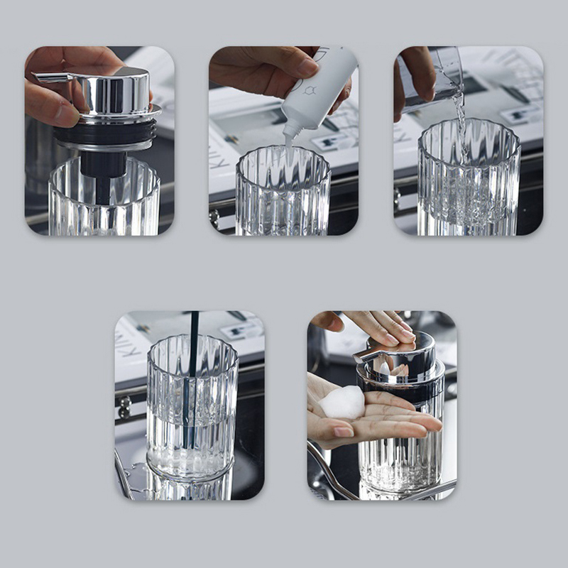 Käsien vaahtoava saippua-annostelija kylpyhuoneeseen nestemäinen saippuamousse-pullo, täytettävä keittiön painettava astianpesuainesäiliö