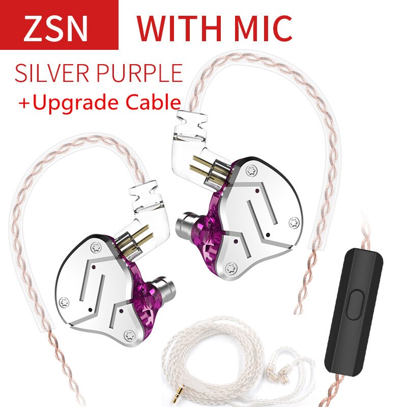 KZ ZSN 1DD + 1BA hybrydowy w słuchawkach dousznych wymienny przewodowy zestaw słuchawkowy HIFI czterordzeniowy napęd słuchawki do muzyki ZST ES4 ZSN PRO V80 ZS10: purple with mic silv