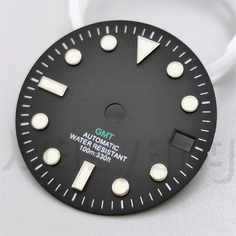 29mm Glossy Watch Dial Black White blue Dial Green Blue Red Orange GMT Text Black Gold Rose Edge Fit NH34 Movement C3 Luminous: Rose Gold