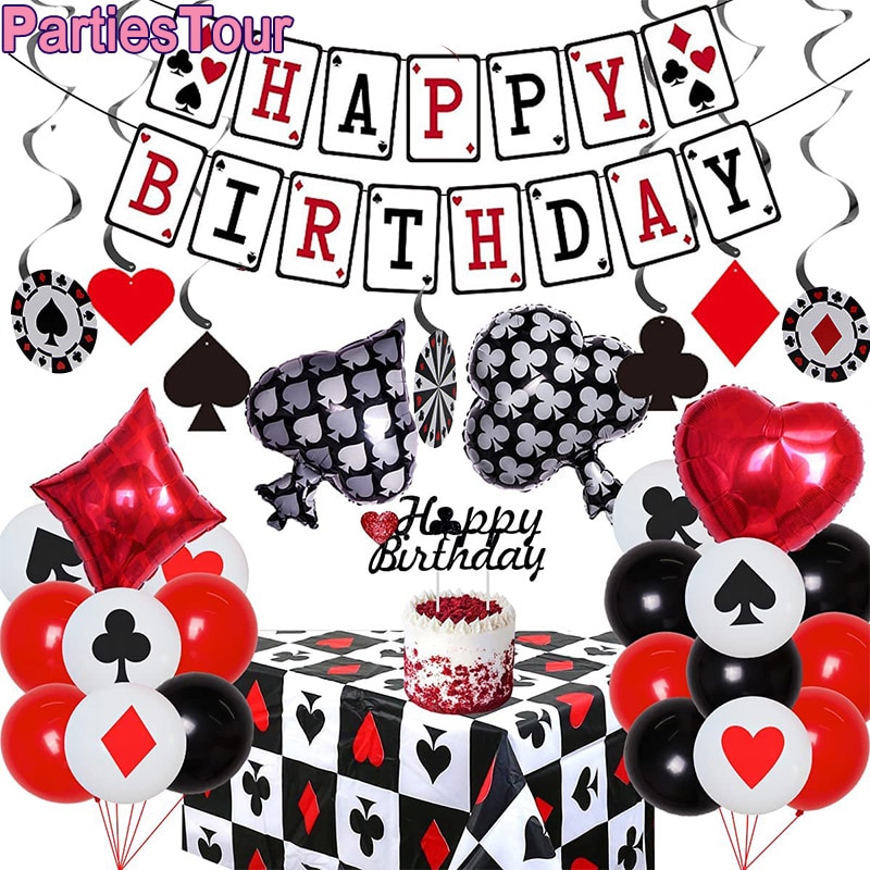 Décor de fête à thème de Casino pour adultes, ballon de fête d&#39;anniversaire, nappe de Poker, bannière d&#39;anniversaire, fournitures de fête de Las Vegas