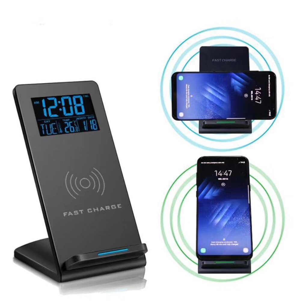 Desktop trådløs opladningsstativ mobiltelefon holder tid temperatur alarm ur temperatur display analog-digital ur !!