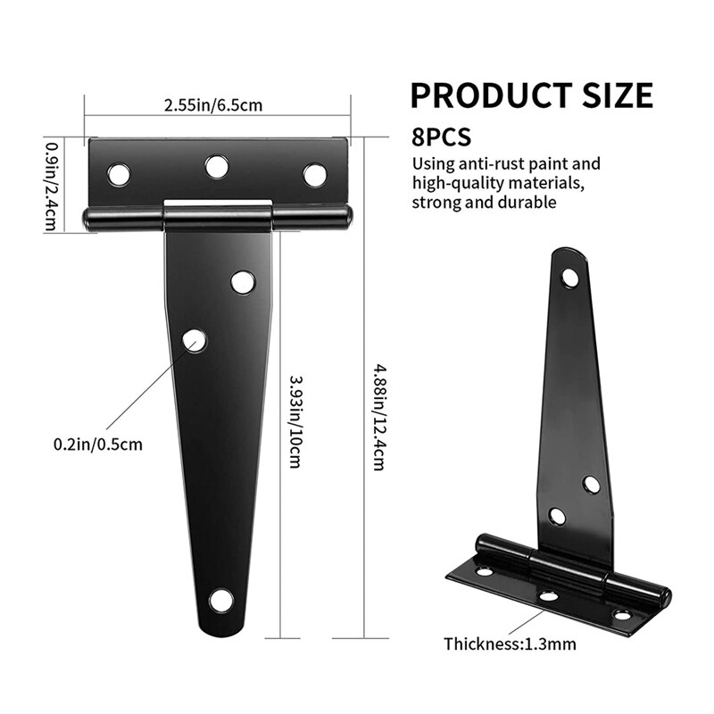 8 Pcs T-Strap Scharnieren Zware Poort Scharnieren Metal Tee Scharnieren Met Schroeven Schuur Gates Levert (Zwart, 4 Inch)