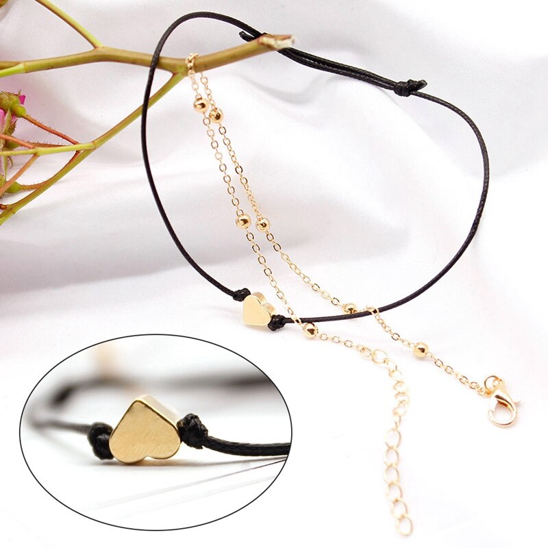 Dubbele Ankle Chain Hart Hanger Zwart Lederen Touw Enkelband Mode Voet Sieraden Armband Op De Been Enkelbanden Voor Vrouwen