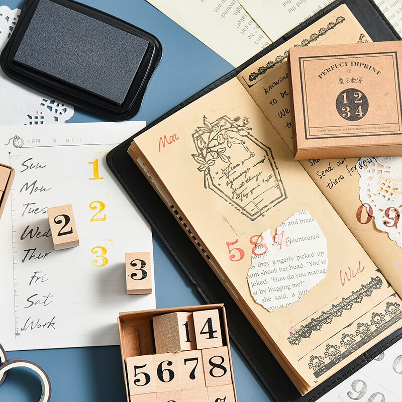 Vintage Month Week Planner Stamp Basic Function Series Digital Symbol Stamp Wooden DIY Seal Stationery Office Supplies