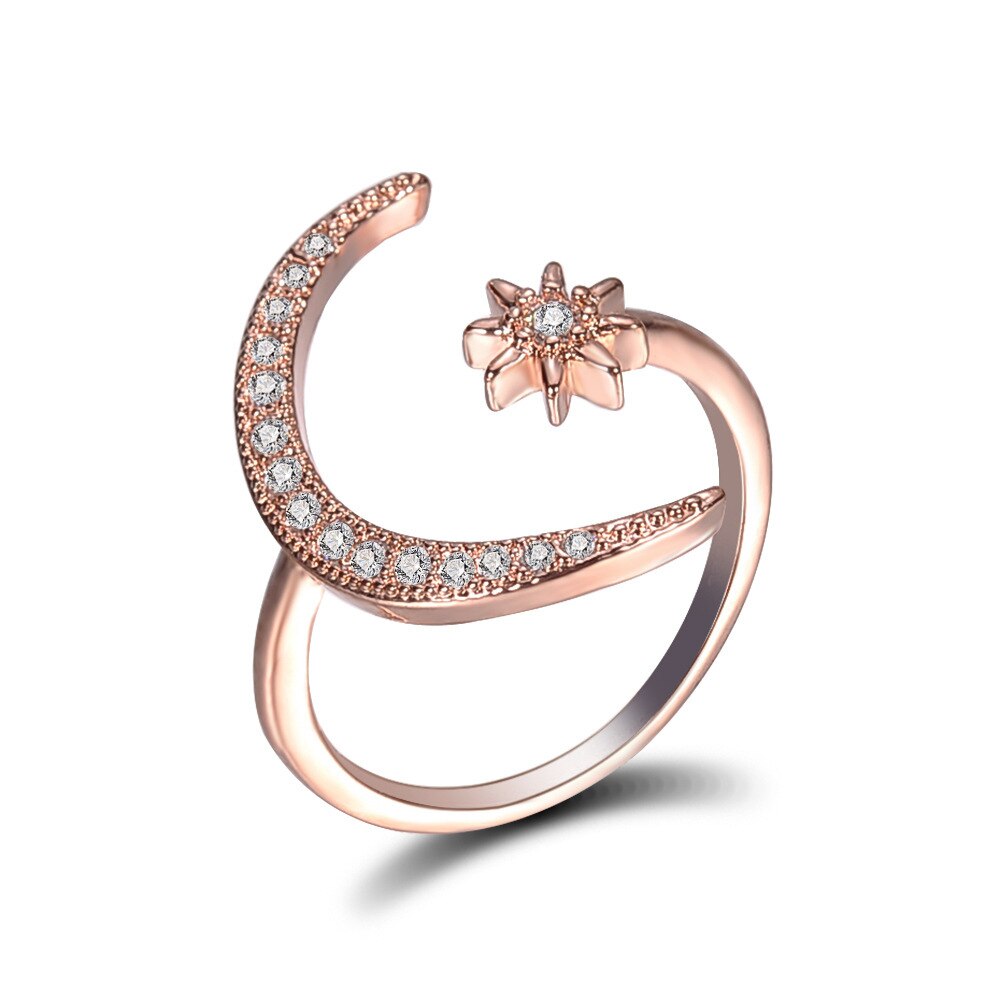 Moon Star Dazzling Open Finger Rings For Women Wedding Engagement Zircon Paved Trendy Charm Jewelry: rose gold