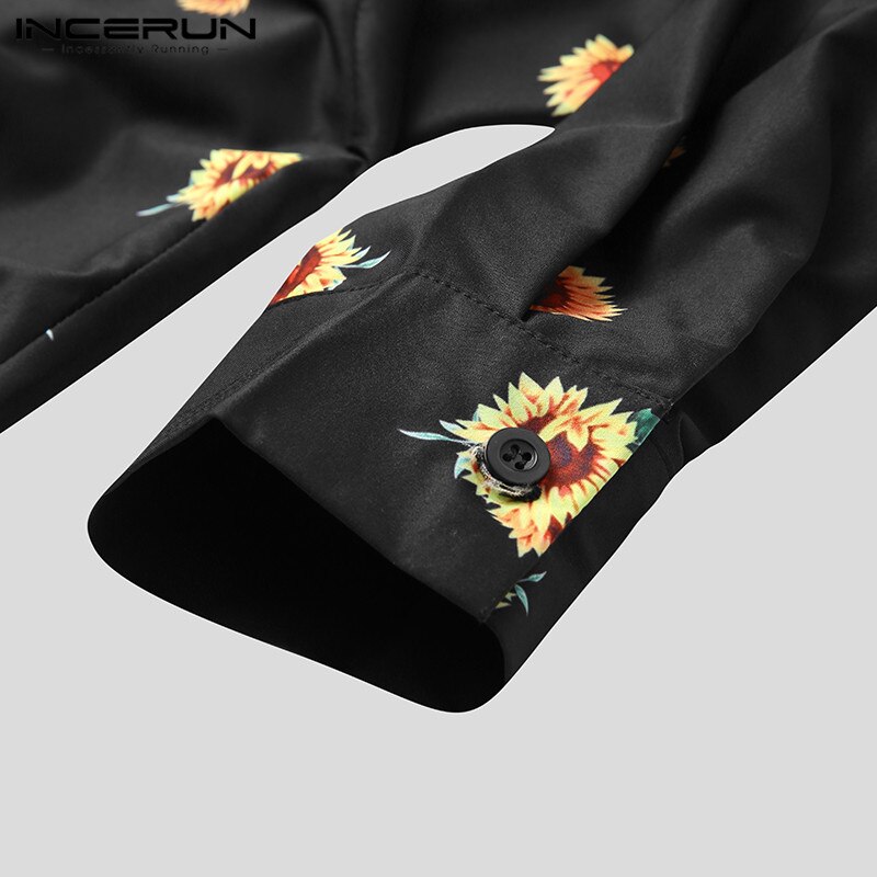 Incerun mænds skjorte blomst trykt skrue ned krave langærmet knap camisas afslappede mærke skjorter streetwear s -5xl 7