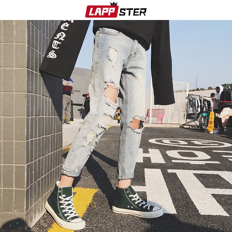 Lappster skinny jeans herr slitna hål streetwear herr distressed jeans slim fit manliga blå jeansbyxor