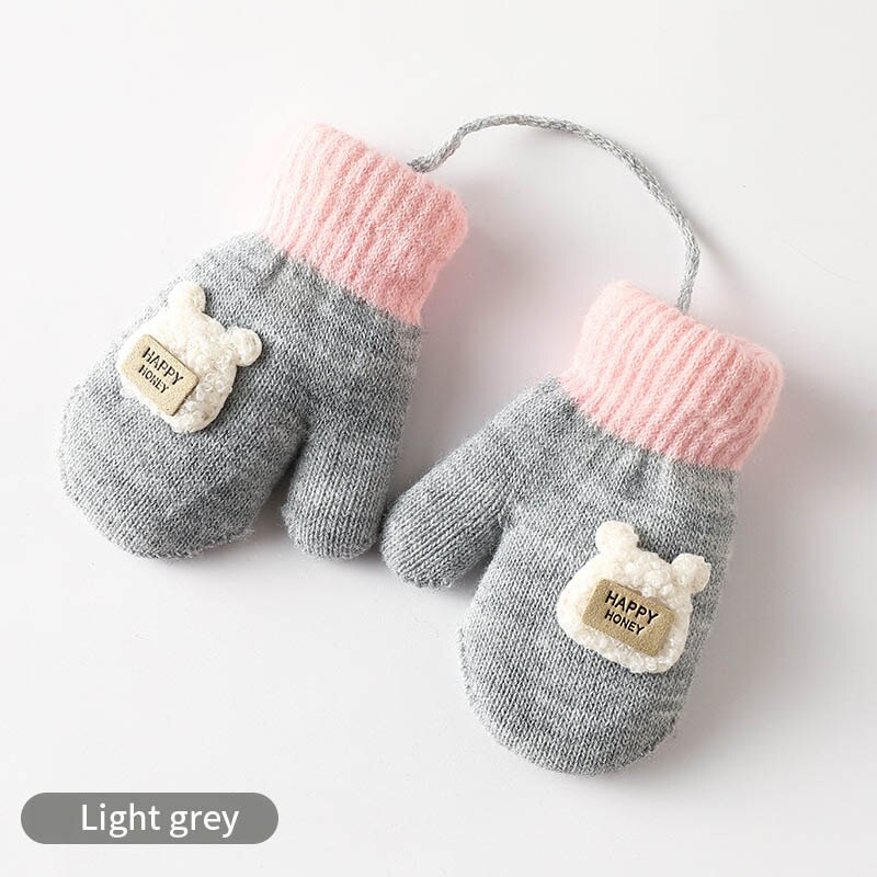 Guantes gruesos y cálidos para bebé, manoplas de punto suave con dibujos animados, cuerda para niño de 1 a 5 años: gray