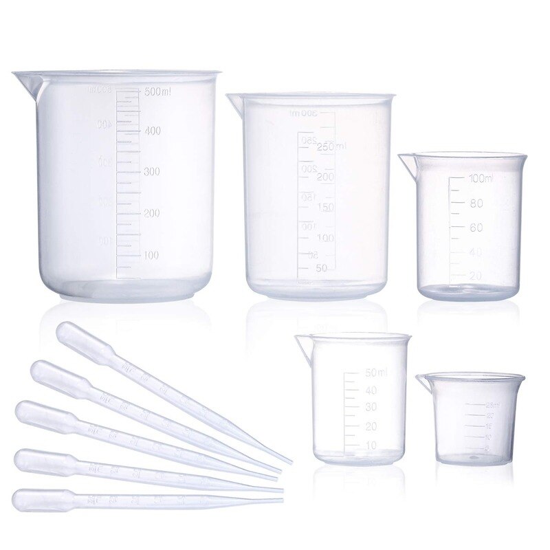 Plastic Beaker Set,5 Sizes Low Form Measuring Graduated Beakers in 500ml-250ml-100ml-50ml- 25 ml with 5 Plastic Droppers in3ml