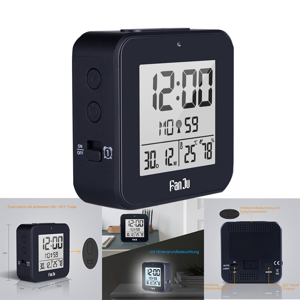 Digital Alarm Clock LED DCF Radio Dual Alarm Automatic Backlight Electronic Temperature Humidity Table Time Office
