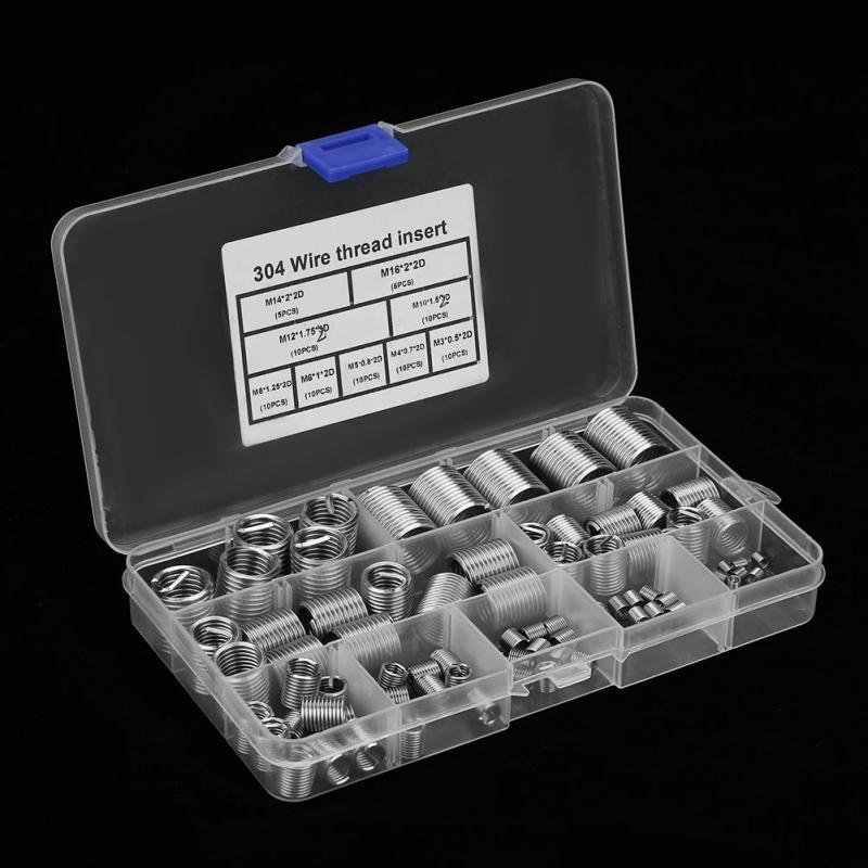 80Pcs/Set M3-M14 Thread Repair Insert SS304 Coiled Wire Helical Screw Threaded Inserts Assortment Kit Fastener Stainless Steel