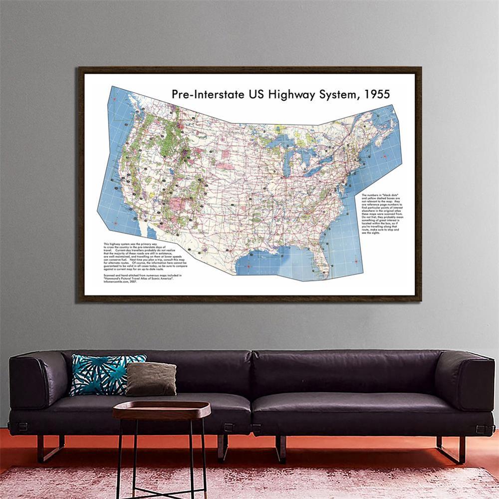 150x100cm Pre-Interstate American Highway System The United States Map School Office Wall Decor Painting
