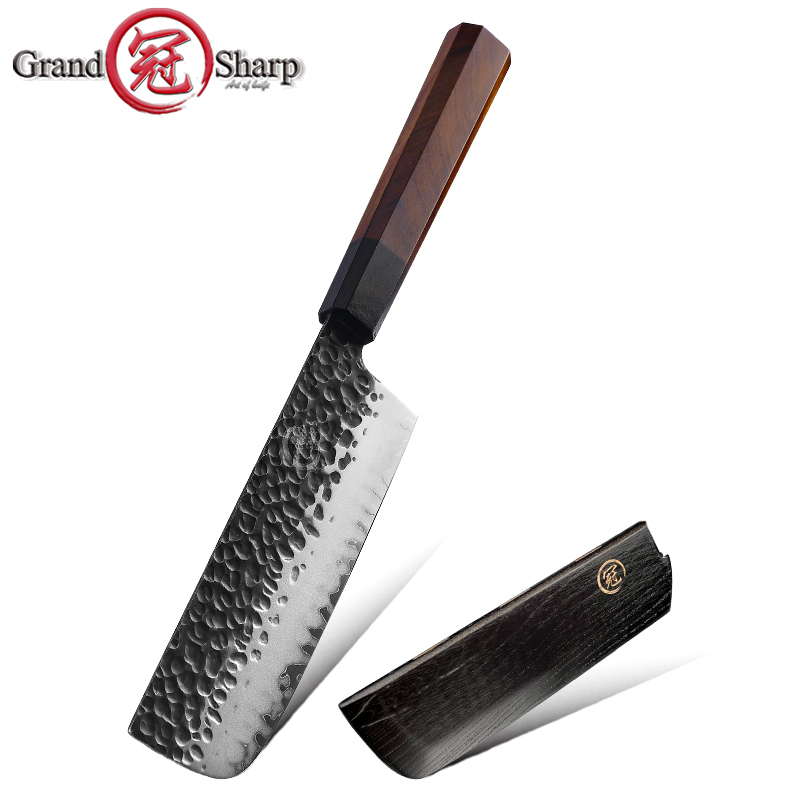 Japanese Chef Knives Set 3 Layers AUS-10 Steel Meat Cleaver Salmon Fish Filleting Santoku Knife GRANDSHARP: nakiri with cover