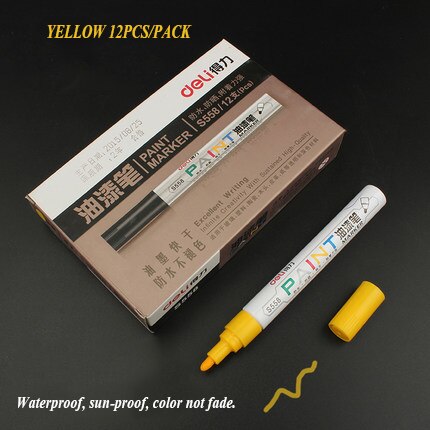 Deli 1pcs white mark pen oil 8 colors black silver gold waterproof do not fade paint pen marker pen: S558-7 yellow 1pcs