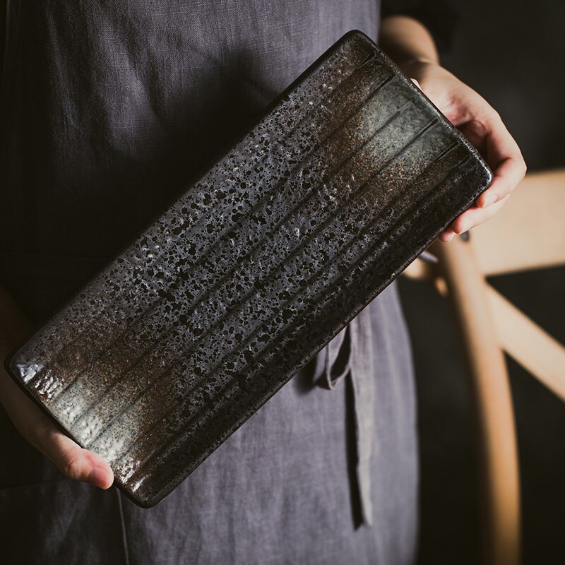 FANCITY plato rectangular para restaurante, plato de cerámica retro, placa con patrón de piedra, plato plano, plato de sushi