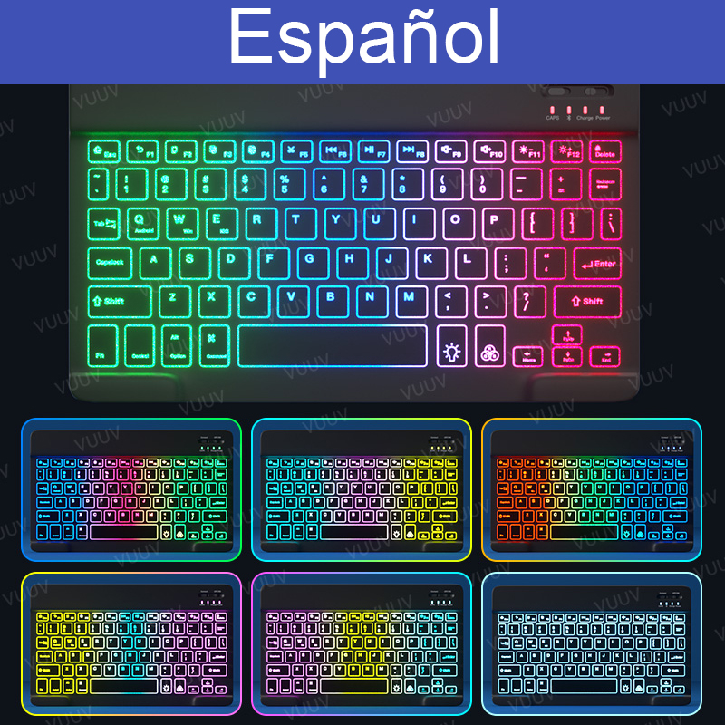 Teclado retroiluminado de arco iris para tableta, teléfono, portátil, español, ruso, portugués, inalámbrico, Bluetooth, para Xiaomi, Samsung: Black 01 Spanish