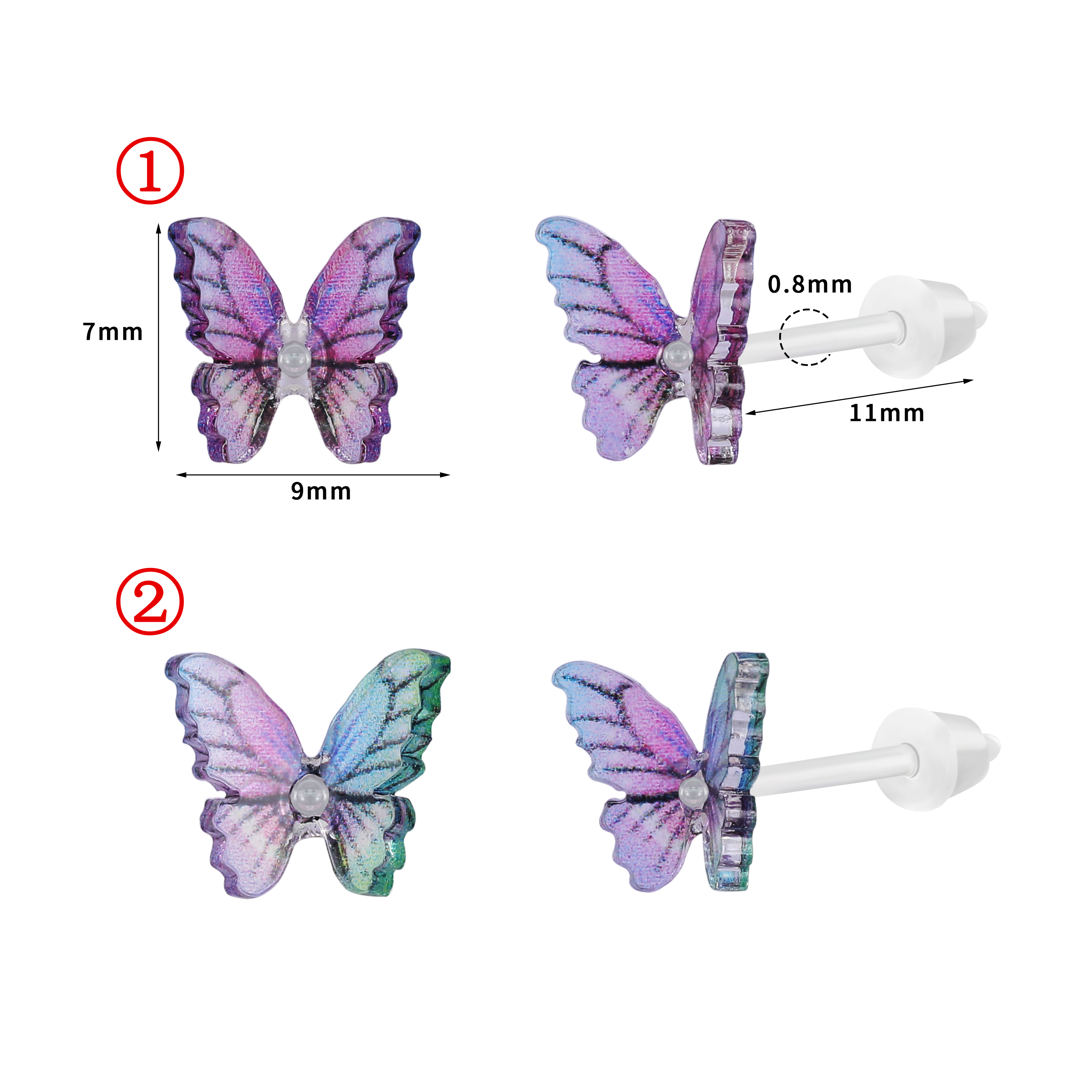 ZS 1 paire de boucles d'oreilles colorées en forme de papillon 20G boucles d'oreilles en acrylique Anti-allergie mignon oreille Cartilage Helix conque piercings