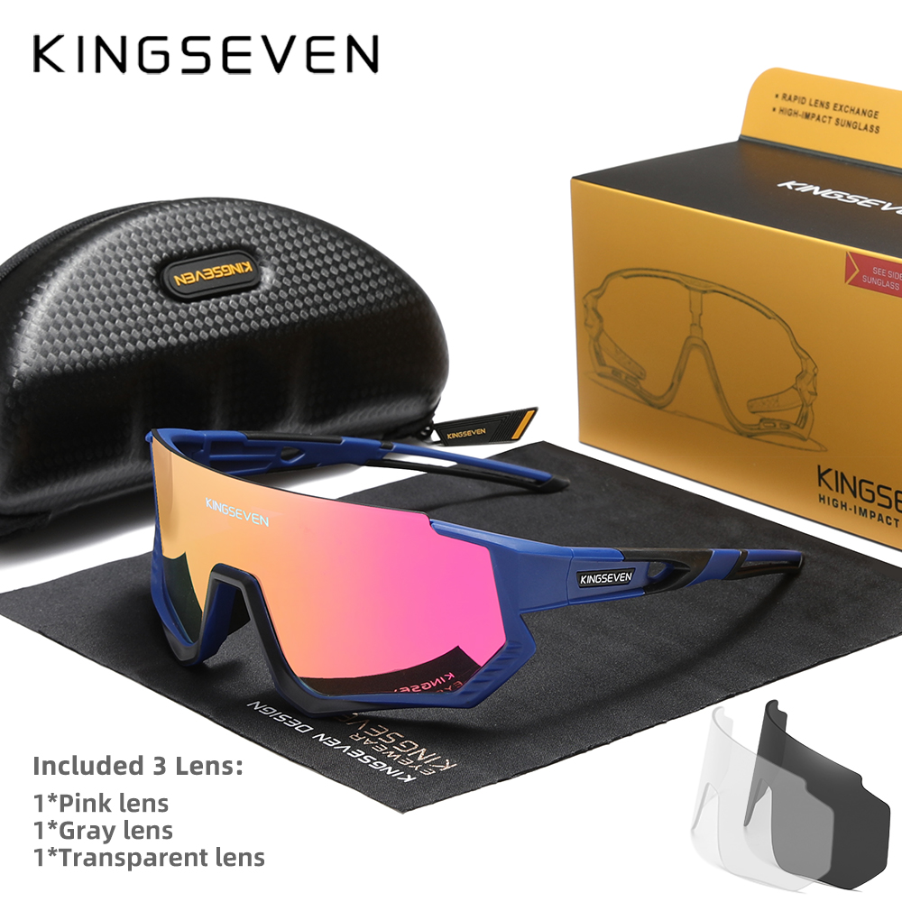 Kingseven cykelsolglasögon polariserade glasögon  uv400 solglasögon för körning och fiske för män och kvinnor, mtb, racercykelglasögon 3 linser: Svart
