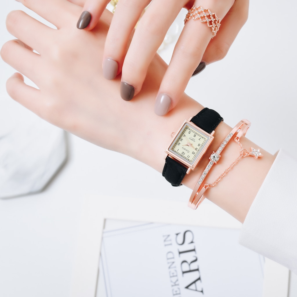 2PCS /Set Women Leather Belt Dress Quartz Clock Square Dial Sport Casual Bracelet Ladies Wrist Watch Relogio Reloj Mujer