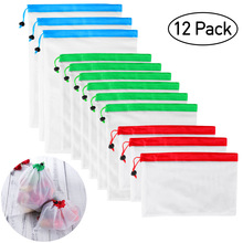 12 Pcs Herbruikbare Mesh Bags Wasbare Voor Kruidenier Opslag Fruit Groente Drie Grote 12x17in Zes Medium 12x14in Drie Kleine 12x8in
