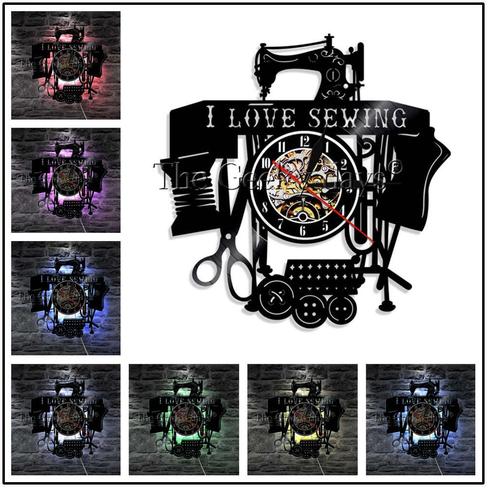 J'aime coudre vinyle Record horloge murale reloj de pared Vintage Quilting Machine à coudre horloge montre couturière femmes mère: Black / 12 Inch With LED