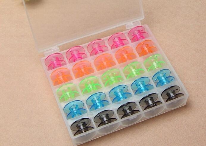 25pcs Coloful Sewing Bobbin set 25 Grid Clear Plastic Machine Bobbins Embroidery Pre-wound Thread kit for Electric Sewing Stitch: color Bobbins case