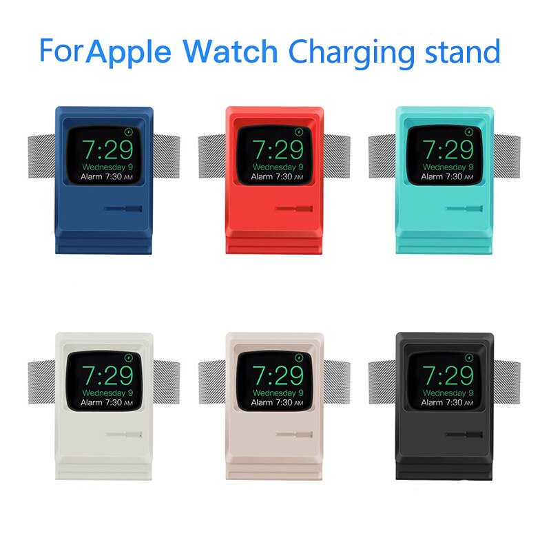 Voor Apple Horloge 7 6 5 4 Iwatch 3 2 1 Silicone Stand Charging Dock Houder Retro Computer Patroon Nachtkastje keeper Beugel Base