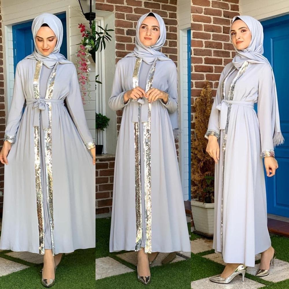 Ramadan brillant paillettes perles kimono Musulman Abaya Hijab Robe musulmane femme ouvert islamique caftan Robe Musulman Abayas F1569: gray abaya / M