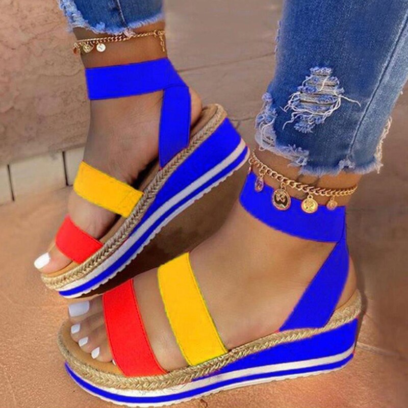Sandales femmes compensées plate-forme couleur bonbon dames chanvre chaussures dames été décontracté sans lacet sangle croix Cool filles grande taille: blue / 43