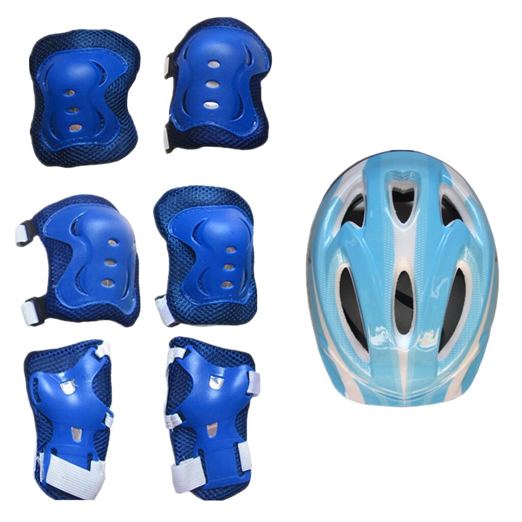 Barn& #39 ; s 7 stk beskyttelsesudstyr til cykling på rulleskøjter 58-62cm sikkerhedshjelme+knæ- og albuebeskyttere+håndledsbeskyttere beskyttelsesudstyr til børn: Lyseblå