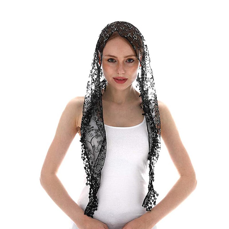 Eșarfă de dantelă pentru femei pentru biserică cu ciucuri eșarfă triunghiulară eșarfe florale transparente șal de rugăciune la biserică dantelă de mantilă spaniolă bufanda mujer