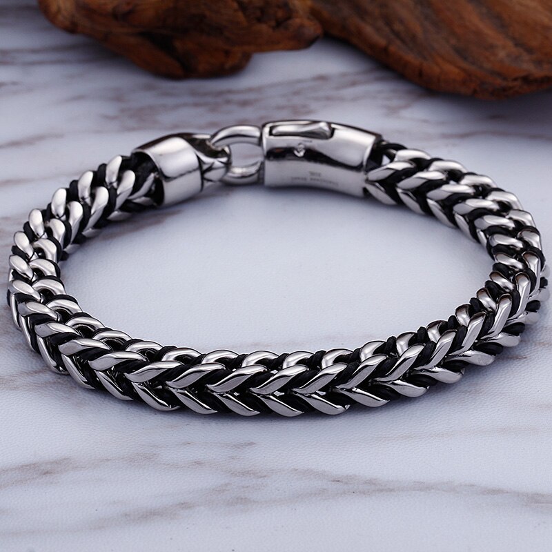 Mannen Big Size Link Sieraden Gevlochten Leer Rvs Geweven Keten Breedte 8Mm Kabel Twijn Armband 23Cm