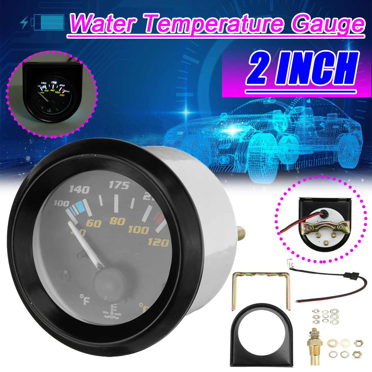 1Pc 2 "52Mm Auto Water Temperatuur Meter Met Sensor 100 °F Tot 250 °F / 40 Te 120 Backlight Auto Meters
