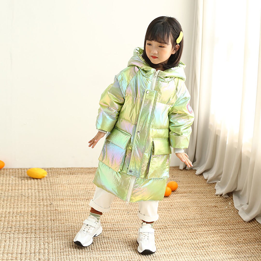 Doudoune mi-longue arc-en-ciel colorée en duvet de canard blanc pour enfant, parka à capuche pour bébé, manteau d'hiver pour petite fille