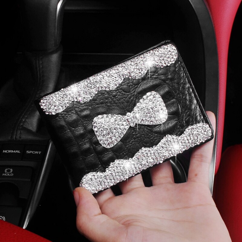 Sød bowknot bling krystal bil vævskasse universal bil armlæn papir holder dækning diamant rhinestones bil interiør tilbehør: Kørekort taske