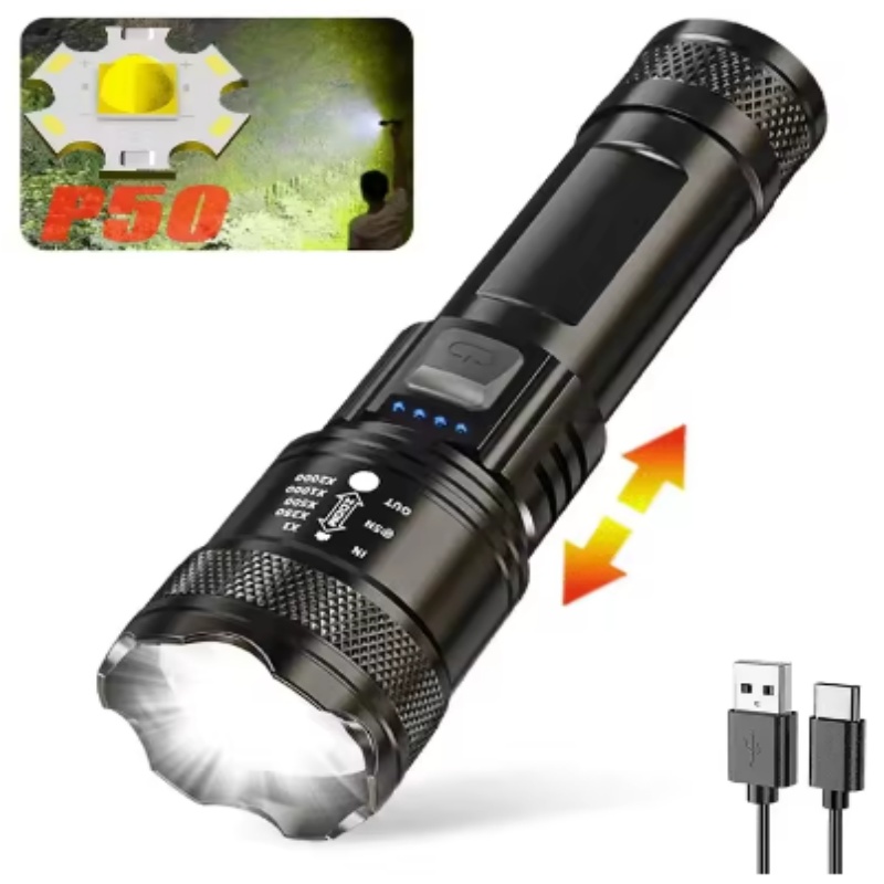 Krachtige P70 LED-zaklamp Camping Opladen via USB Zoombare waterdichte zaklamp Draagbare werklamp 4 verlichtingsmodi Ingebouwde batterij