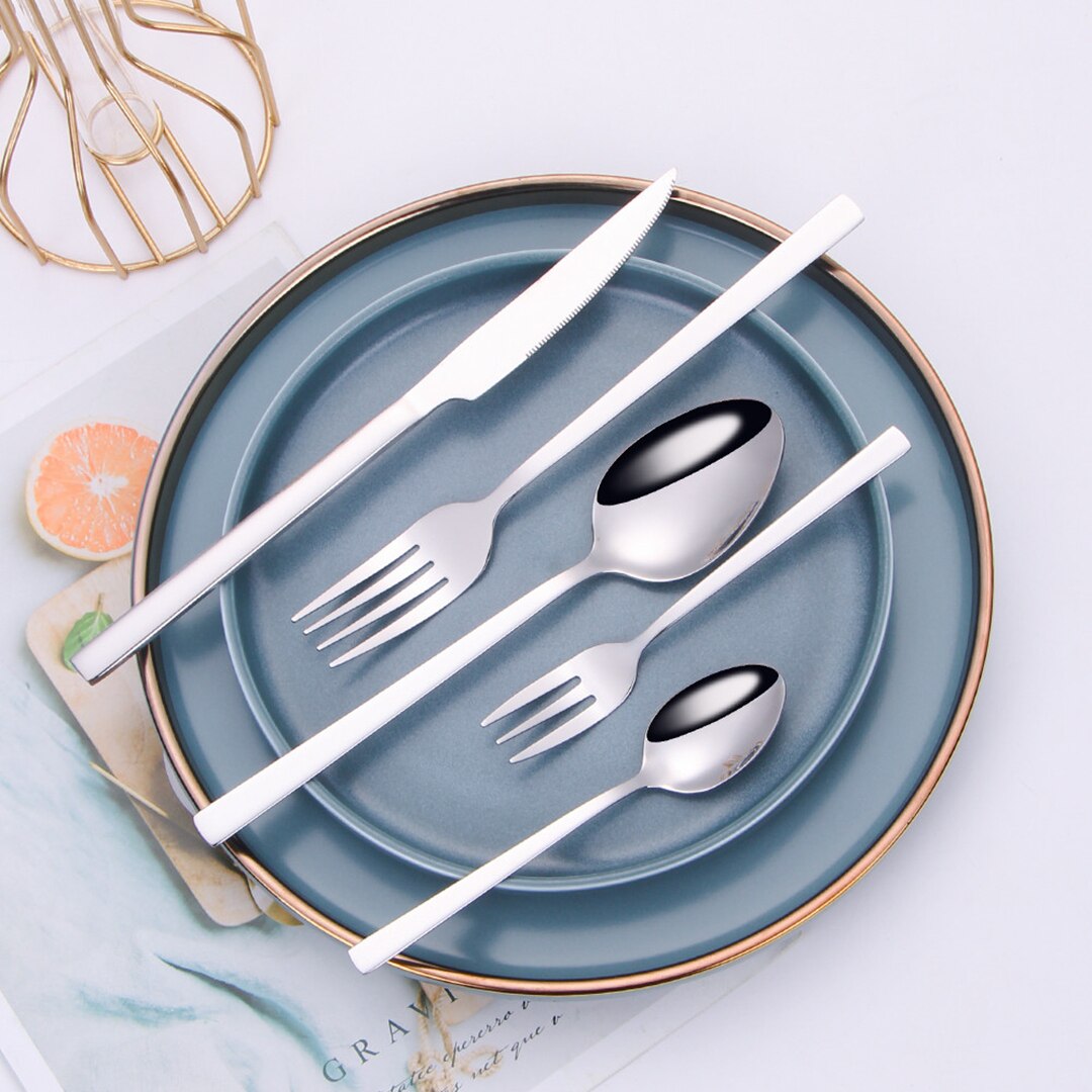 24Pcs Mirror Cutlery Tableware Set Silver Cutlery Stainless Steel Kitchen Set Dinnerware Knife Spoon Fork Dinner Set Complete