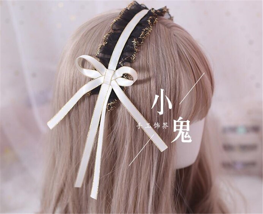 Gótico Lolita negro encaje cinta lazo pelo banda japonés coreano KC diadema mujeres Vintage accesorios B460: white