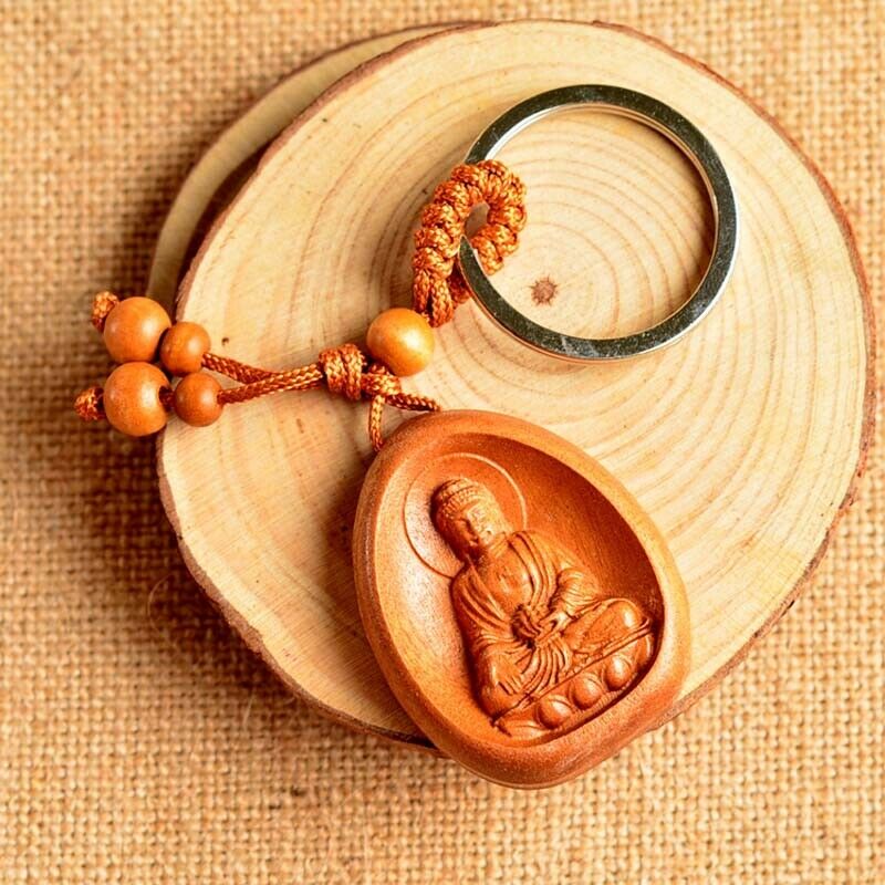 Hout gesneden chinese bhaisajyaguru geneeskunde boeddhabeeld hanger sleutelhanger ring