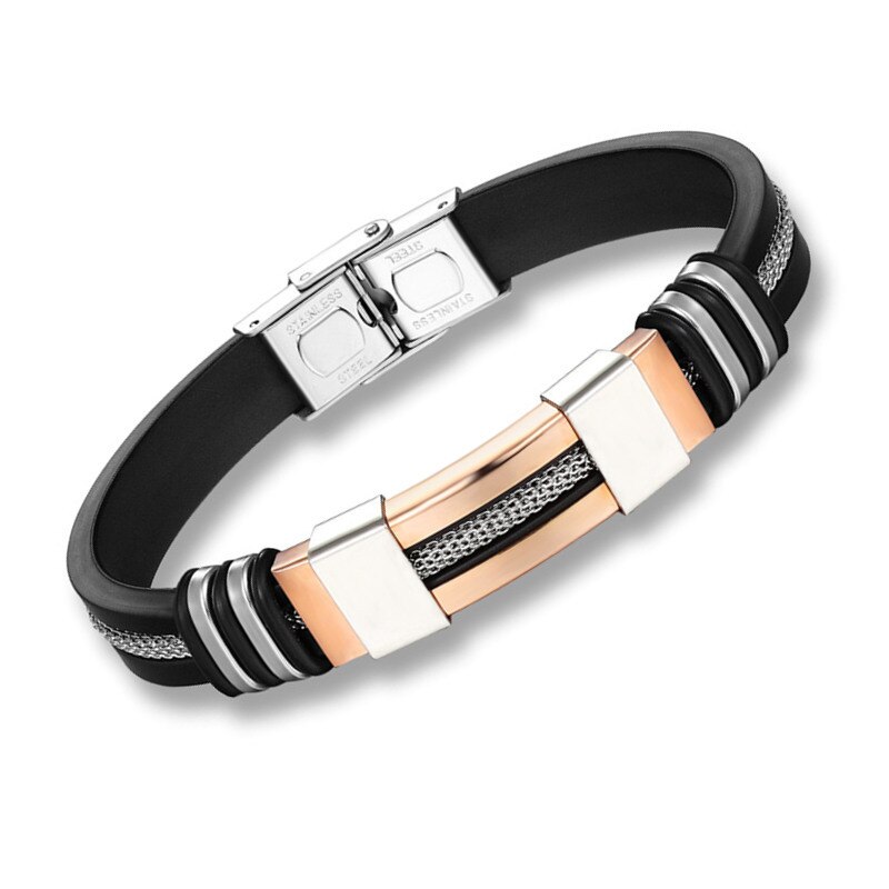 4 farger rustfritt stål silikon armbånd menn smykker armbånd punk stil menn armbånd gummi sjarm pulsera hombre: Rose gull